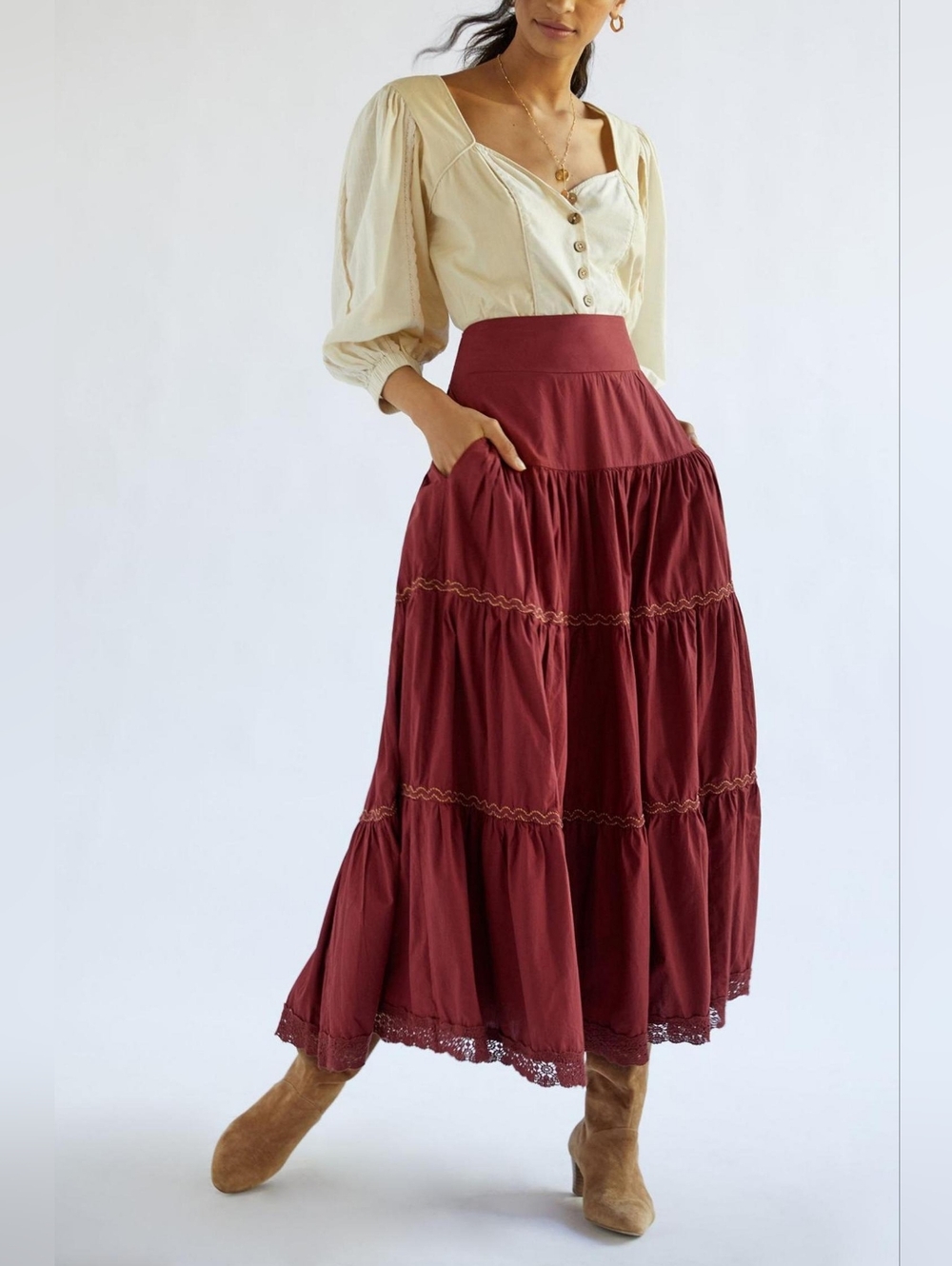 NWT Anthropologie Tiered Lace Maxi in Maroon Red Cotton Pull-on Skirt 1X - Picture 2 of 11